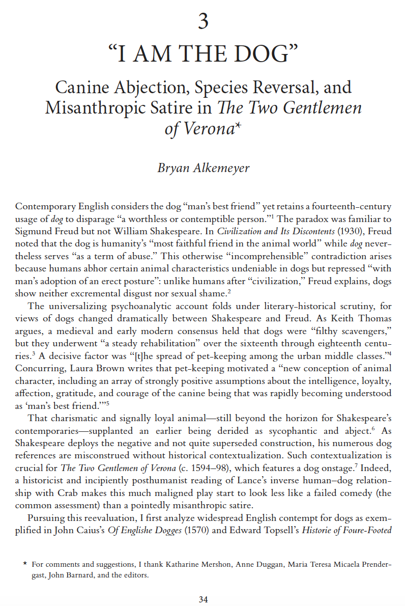 first page of I am the dog: Canine Abjection, Species Reversal, and Misanthropic Satire in The Two Gentlemen of Verona